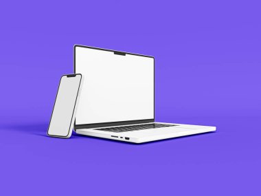 Laptop ve telefon, akıllı telefon beyaz arka planda en az modelleme ve ilgili web sitesi için. Boş ekran laptop bilgisayar, cep telefonu 2022