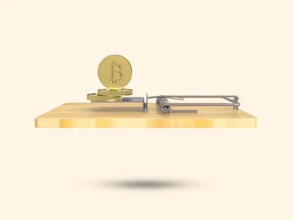 Bitcoin trap and fraud 3D icon. Investment risk or bitcoin trap, business fraud and cheating or financial pitfall and mistake concept by mouse trap.