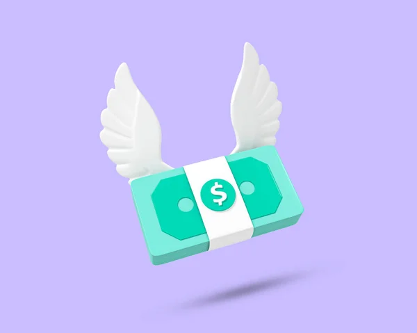 Flying money 3D icon. Flying cash symbol. Flying dollar with wings. Money with wings. Cash with wings. Cash bundle 3D Flying stack of money