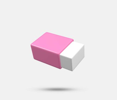 Silgi 3d simgesi. Eğitimin en az üç boyutlu sembolü. Uçan Lastik Silgi beyaz arka plan 3D 'de pembe simge.