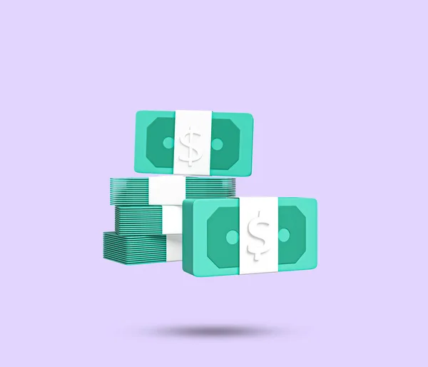 金钱和现金捆绑3D图标 美元和美元捆堆栈符号 一堆堆美元绿色钞票 纸袋钱 3D渲染说明 — 图库照片