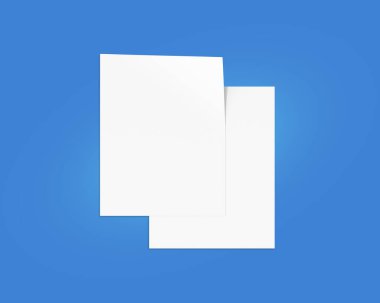 Broşür ve Broşür A4 boyut model tasarımı. Model ve sunum tasarımı için boş A4 broşürü. Mavi arkaplanda boş ilan afişi var. 3B Yapılandırılmış Resim