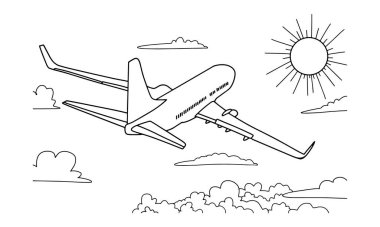 Airplane Drawing line art vector illustration for coloring book. Cartoon Aeroplane drawing for coloring book for kids and children. Sketch art drawing for colouring book. Fighter jet and Helicopter.