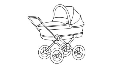 A vintage baby carrier trolly line art Sketch drawing for any kind of T-shirt use or coloring book. This is an old-style. A very classic look for kids and parents.
