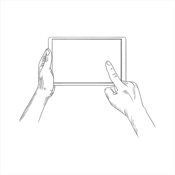 Tablet Hands Sketch Drawing Illustration Hand Holding Tab Mobile Sketch — Wektor stockowy