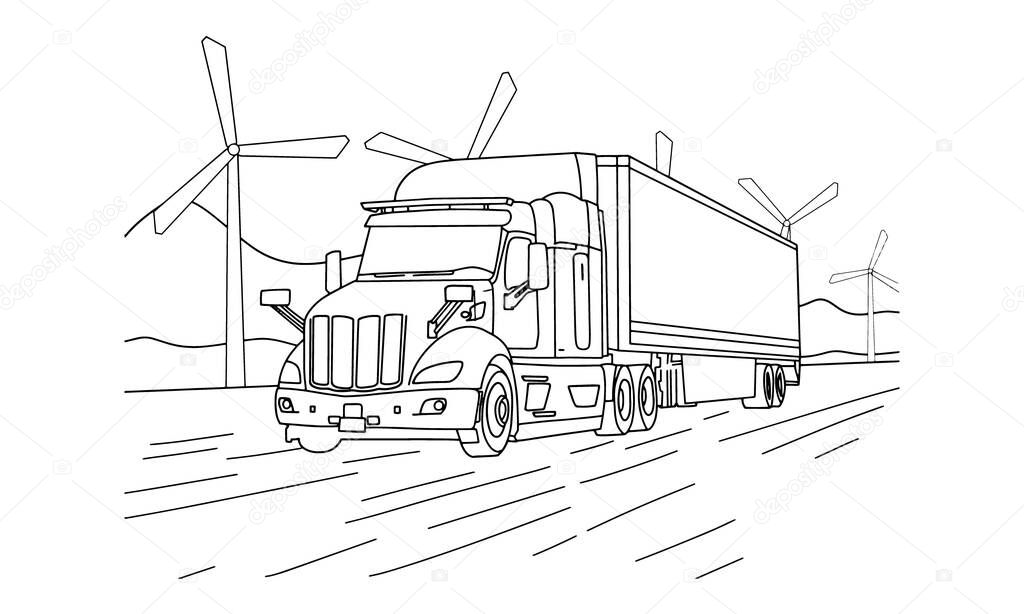 A vintage truck line art nice Sketch drawing for any kind of T-shirt use or coloring book. This is an old-style cargo lorry illustration. A very classic look vehicle.