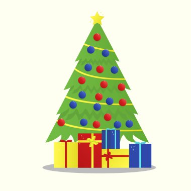 Altın yıldız vektör ilüstrasyonlu Noel ağacı. Noel süslemesi. Noel hediyesi sarı, kırmızı, mavi. Beyaz arkaplan