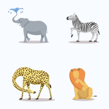 Tuhaf pozlar veren bir grup savana hayvanı. Düz tasarım tarzı. Fil, zebra, aslan ve zürafa..
