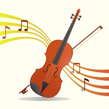 Keman vektörü illüstrasyonu. müzik enstrümanı. Orkestra orkestrası. Tahta enstrüman. Değişik renkler. Müzik notaları