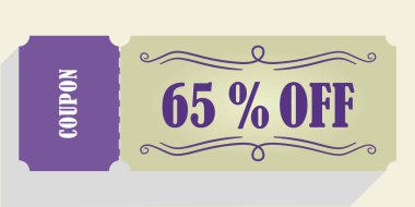 Kupon vektöründe% 65 indirim. Yüzde 65 indirim kuponu. Mor ve bej renkler. Performans kuponu. Gölgeyi bırak.