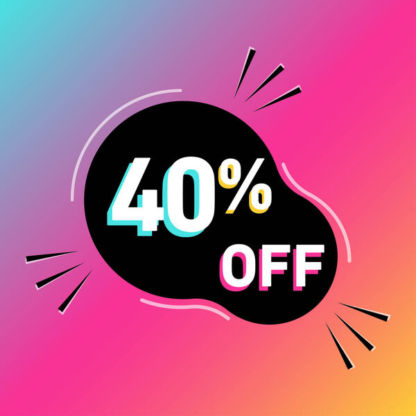 40% скидка на векторную иллюстрацию. Сорок процентов продвижения по службе. Круглая форма. Белый, черный, синий, желтый и пинк.Цветные тени. Градиентный фон.