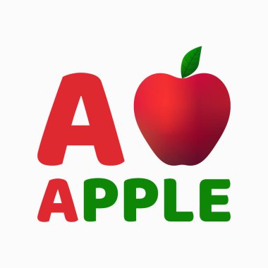 Apple vektör çizimi. Edebiyat yardımı materyali. A harfi, alfabe. Eğitici. Kırmızı ve yeşil renkler. Beyaz arkaplan.
