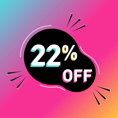 Vektör illüstrasyonunda% 22 indirim. Yüzde yirmi iki satış promosyonu. Yuvarlak şekilli. Beyaz, siyah, mavi, sarı ve pembe. Renkli gölgeler. Gradyan arkaplan.
