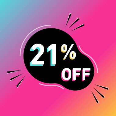 Vektör illüstrasyonunda% 21 indirim. Yüzde yirmi bir satış promosyonu. Yuvarlak şekilli. Beyaz, siyah, mavi, sarı ve pembe. Renkli gölgeler. Gradyan arkaplan.