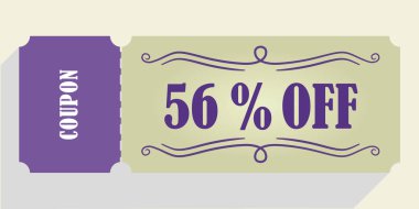 Kupon vektöründe% 56 indirim. Yüzde elli altı indirim kuponu. Mor ve bej renkler. Performans kuponu. Gölgeyi bırak.