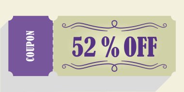 Kupon vektöründe% 52 indirim. Yüzde elli iki indirim kuponu. Mor ve bej renkler. Performans kuponu. Gölgeyi bırak.
