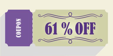 Kupon vektöründe% 61 indirim. Yüzde altmış bir indirim kuponu. Mor ve bej renkler. Performans kuponu. Gölgeyi bırak.