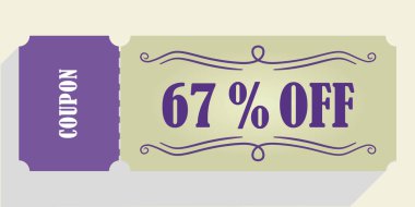 Kupon vektöründe% 67 indirim. % 67 indirim kuponu. Mor ve bej renkler. Performans kuponu. Gölgeyi bırak.