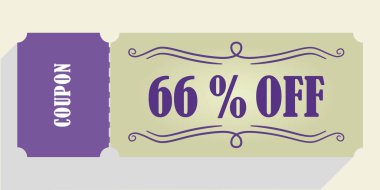 Kupon vektöründe% 66 indirim. Yüzde altmış altı indirim kuponu. Mor ve bej renkler. Performans kuponu. Gölgeyi bırak.