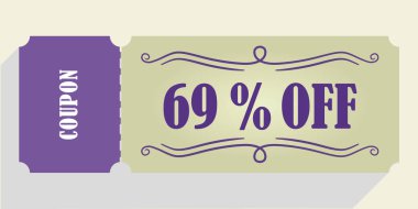 Kupon vektöründe% 69 indirim. Yüzde 69 indirim kuponu. Mor ve bej renkler. Performans kuponu. Gölgeyi bırak.