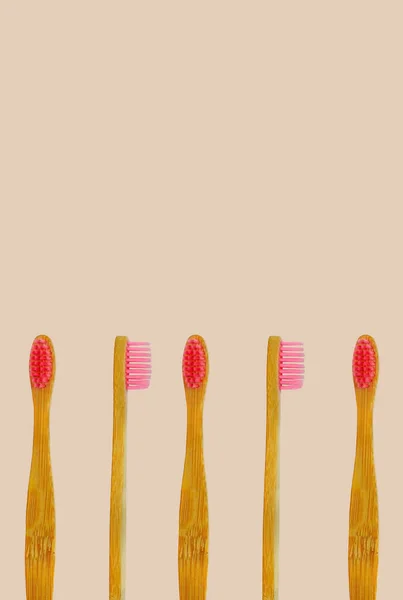 Wooden Toothbrushes Bamboo Pastel Background Copy Space Text Design Zero — Stock Photo, Image