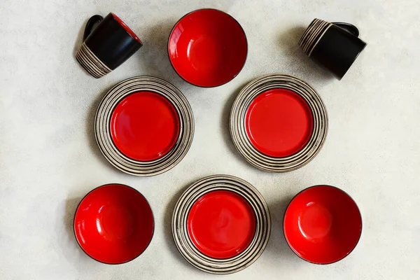 Piatti Ceramica Rossa Vista Dall Alto Copiare Spazio Testo Modellare — Foto Stock