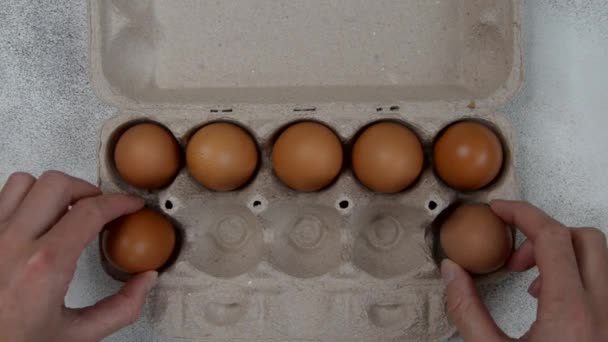Huevos Frescos Granja Caseros Envases Ecológicos Sobre Una Mesa Hormigón — Vídeo de stock