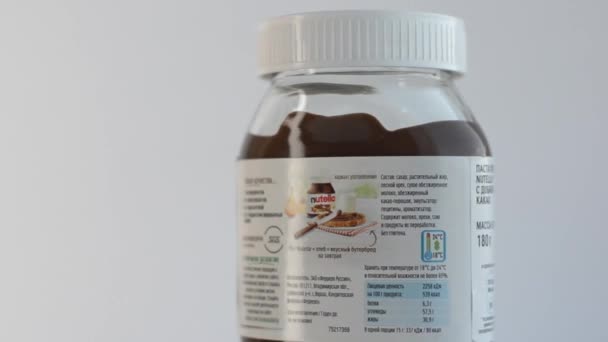 Nutella Lebensmittel Dessert Kakao Schokolade Süß Aufstrich Snack Haselnuss Glas — Stockvideo