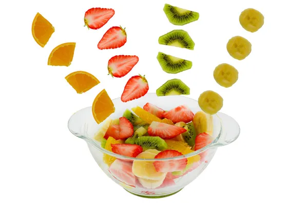 Frischer Gesunder Sommerfruchtsalat Einer Glasschüssel Mit Stücken Orangefarbener Kiwi Erdbeere — Stockfoto