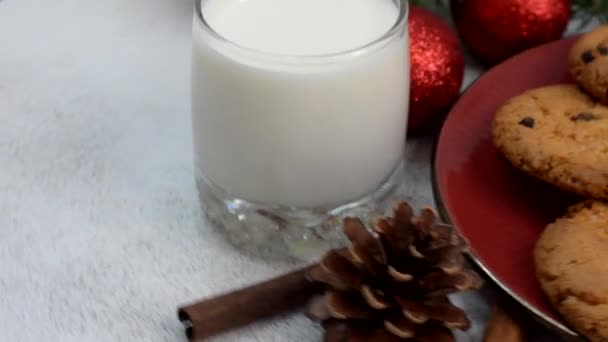 圣诞传统饮料蛋酒鸡尾酒和自制巧克力饼干 一杯新鲜牛奶和桑塔糖果 圣诞前夕的传统 — 图库视频影像