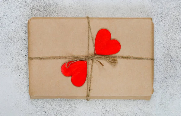 Valentines Day Greeting Card Close Festive Gift Box Red Ribbon — Stock Photo, Image