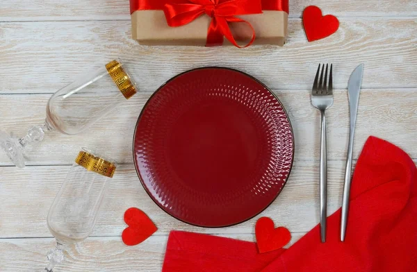 Valentinstag Tischdekoration Flach Lag Mit Liebe Weißen Keramikteller Form Herz — Stockfoto