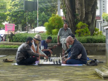 Bazı insanlar parkta satranç oynarken ciddi görünüyor..