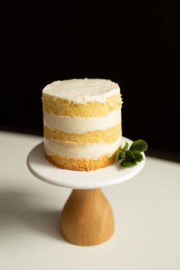 Tahta bir standın üzerinde, beyaz bir masanın üzerinde kahverengi tabanlı, siyah bir zemine dayanan küçük çıplak bir pasta. Pastanın yanında okaliptüs var. Metin için yer