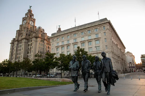 Beatles Monument Liverpool Pier Head Early Morning Immagine Stock