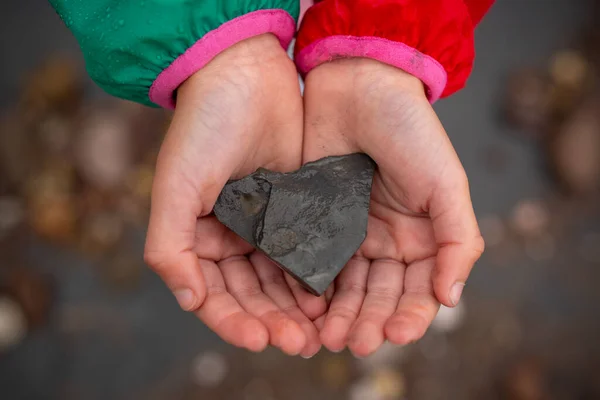 Childs Hands Colored Raincoat Red Green Pink Raindrops Holding Fossil — 图库照片