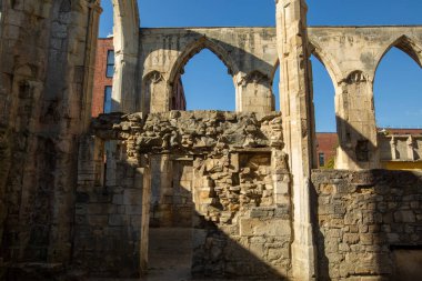 Ruins Greyfriars Walk, Glouster. England. without people in the morning. Meeting new and old architecture