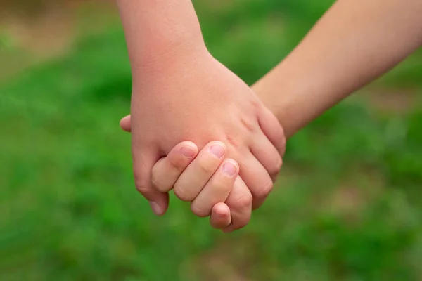 Две Детские Руки Держатся Размытом Фоне Зеленой Травы Концепция Дружбы — стоковое фото
