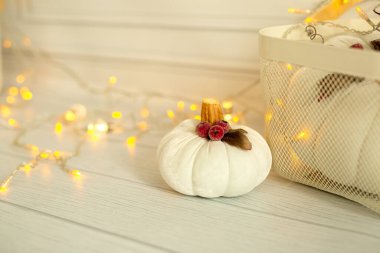 Kırmızı böğürtlenli beyaz tekstil dekoratif balkabağı ve beyaz arka planda yeşil yapraklı kahverengi bir kuyruk. Mutlu ve iyi Cadılar Bayramı. Metin için boş alanı olan şenlikli arkaplan