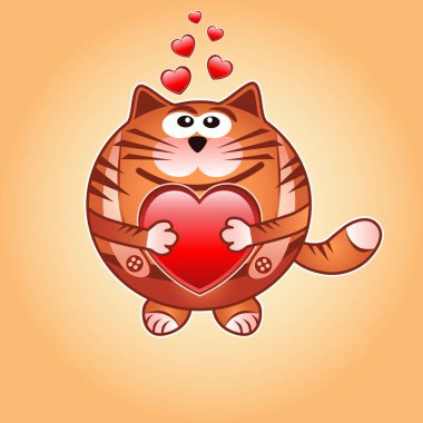 Bir kalbe aşık mutlu ve gülümseyen bir kedi. 
