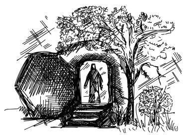 İsa Mesih 'in boş mezarı. Calvary 'de çarmıha gerilme. Kudüs şehri. Paskalya skeci.