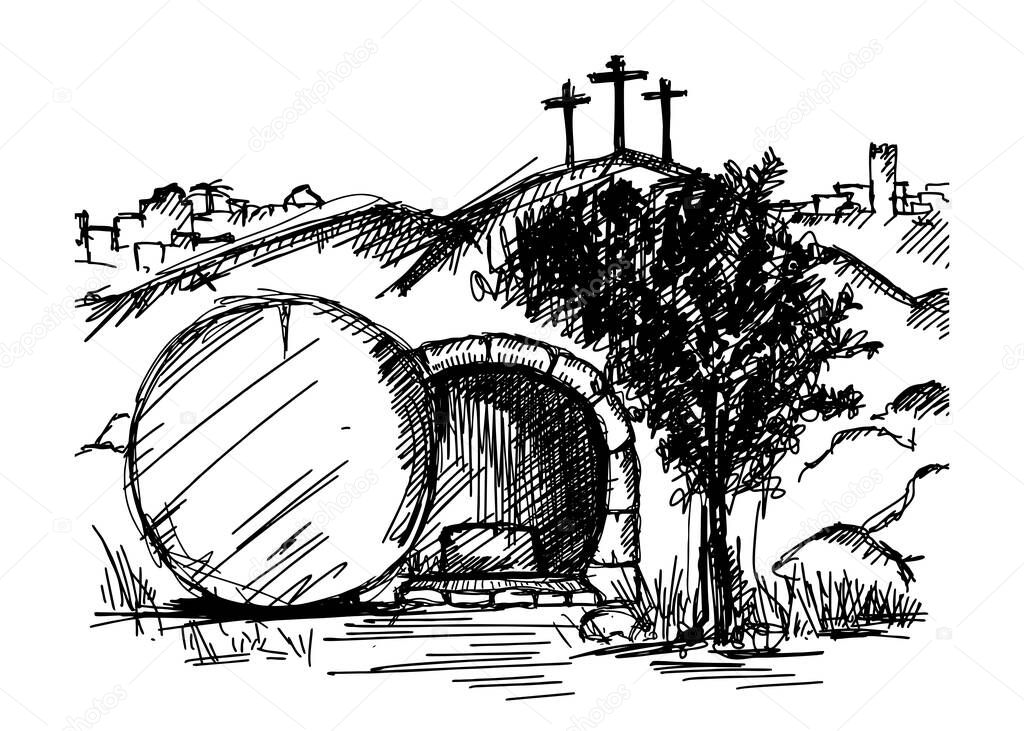 Empty tomb of Jesus Christ. Crucifixion on Calvary. City of Jerusalem. Easter sketch.