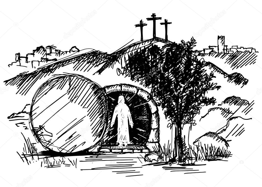 Empty tomb of Jesus Christ. Crucifixion on Calvary. City of Jerusalem. Easter sketch.