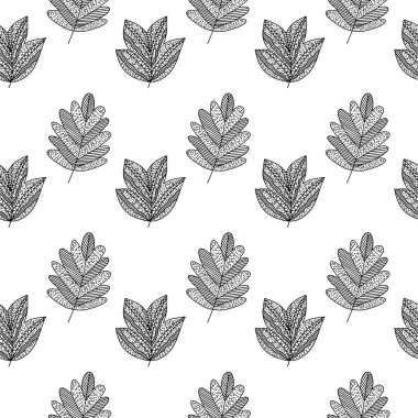 El yapımı bitki dallarının ve yapraklarının kusursuz deseni. Arkaplan, tekstil ve tasarım için vektör karalama biçimi.