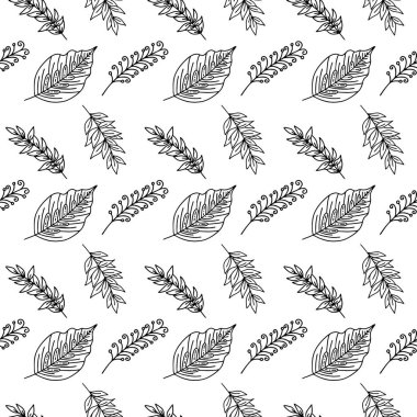 El yapımı bitki dallarının ve yapraklarının kusursuz deseni. Arkaplan, tekstil ve tasarım için vektör karalama biçimi.