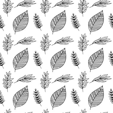 El yapımı bitki dallarının ve yapraklarının kusursuz deseni. Arkaplan, tekstil ve tasarım için vektör karalama biçimi.