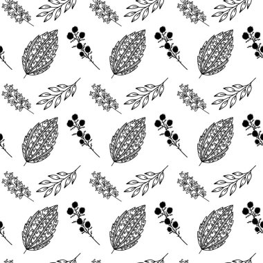 El yapımı bitki dallarının ve yapraklarının kusursuz deseni. Arkaplan, tekstil ve tasarım için vektör karalama biçimi.