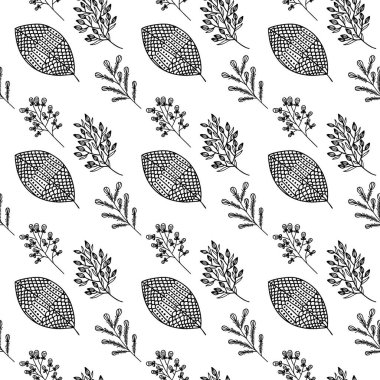 El yapımı bitki dallarının ve yapraklarının kusursuz deseni. Arkaplan, tekstil ve tasarım için vektör karalama biçimi.