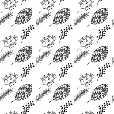 El yapımı bitki dallarının ve yapraklarının kusursuz deseni. Arkaplan, tekstil ve tasarım için vektör karalama biçimi.