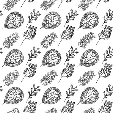 El yapımı bitki dallarının ve yapraklarının kusursuz deseni. Arkaplan, tekstil ve tasarım için vektör karalama biçimi.